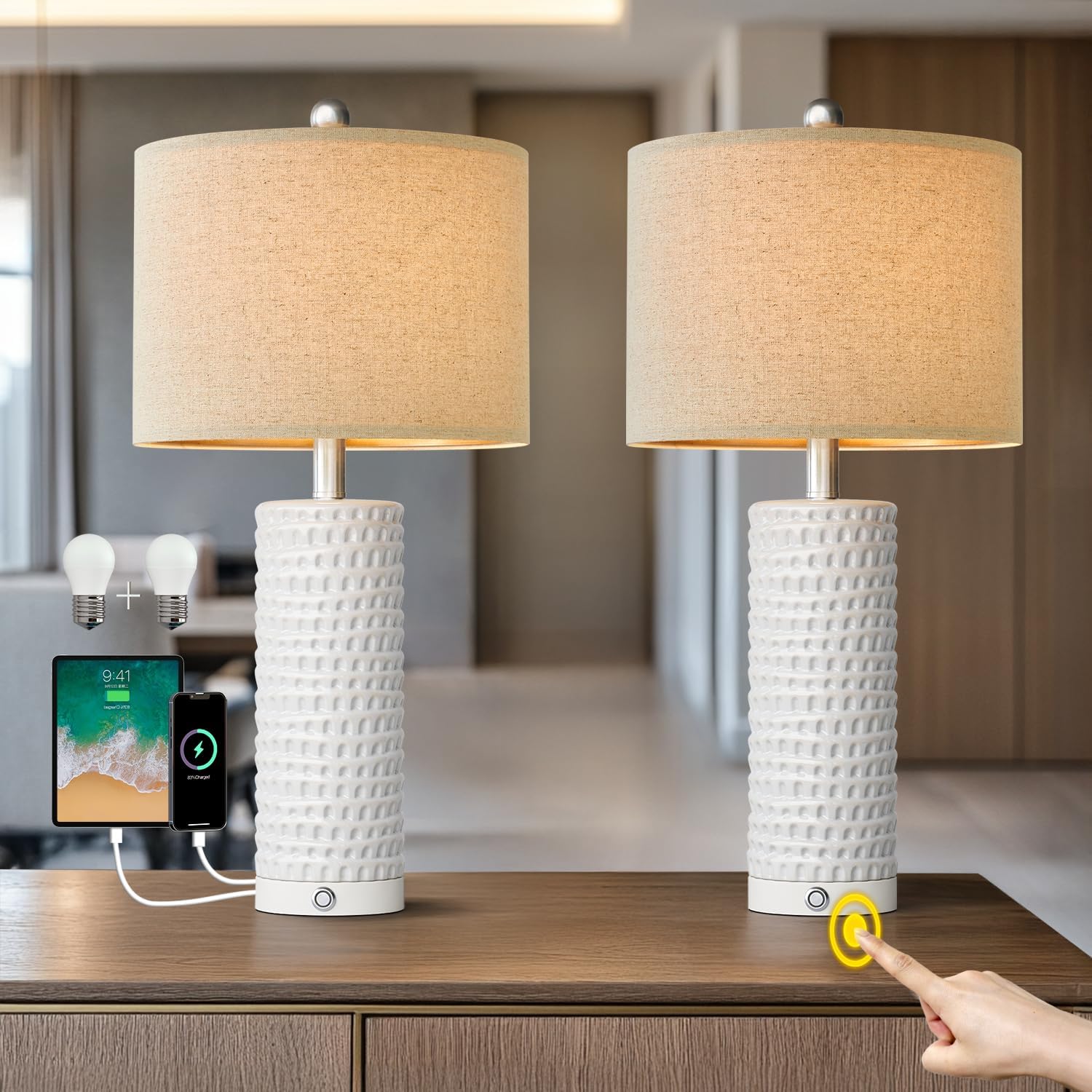 Modern 3-Way Dimmable Touch Table Lamp Set with USB Ports