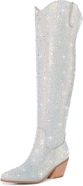 Women Rhinestone Over the Knee Cowboy Boots - Sparkly Thigh High Bling
