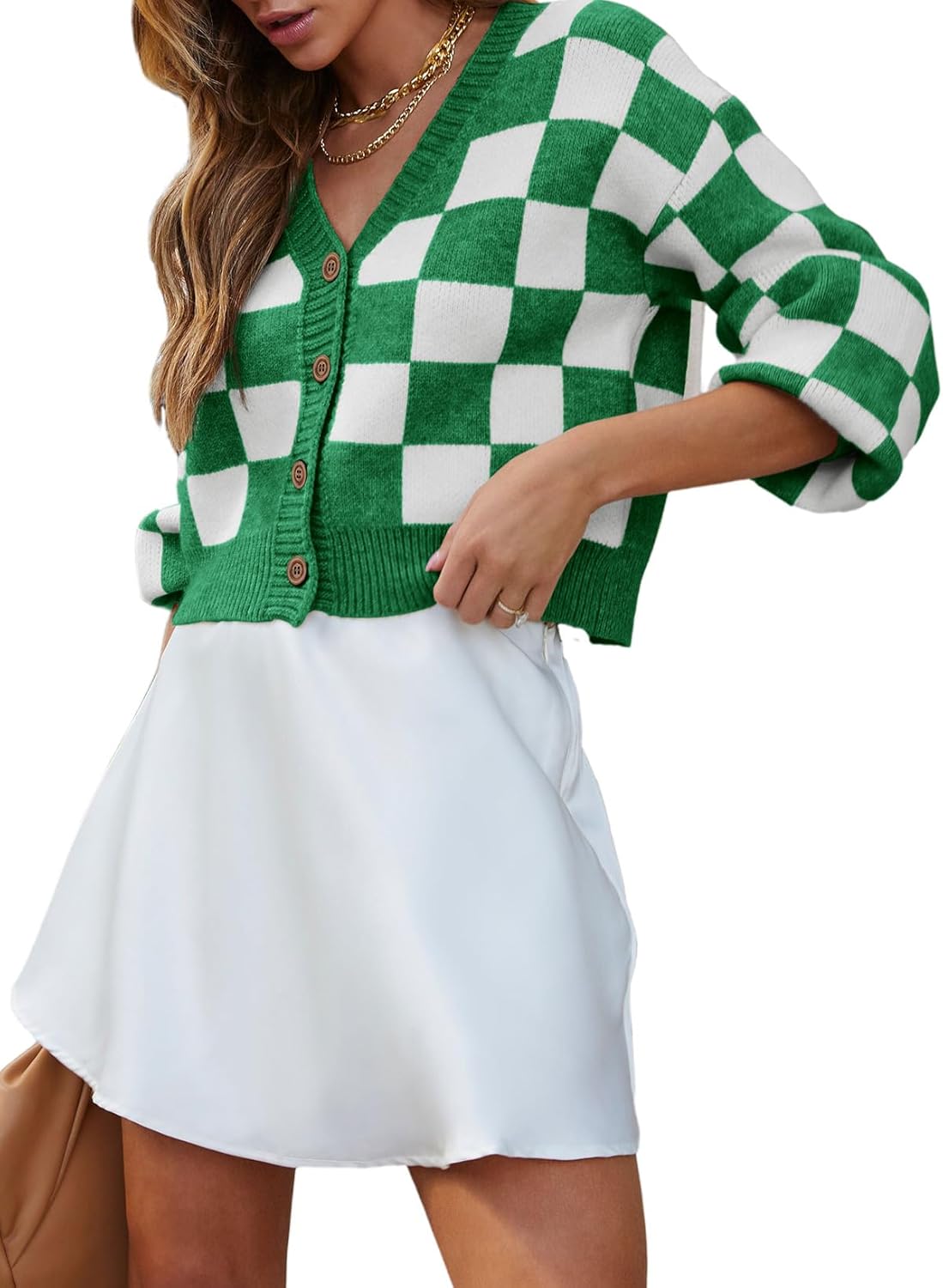 Dokotoo Womens Checkered V Neck Button Down Cropped Cardigan