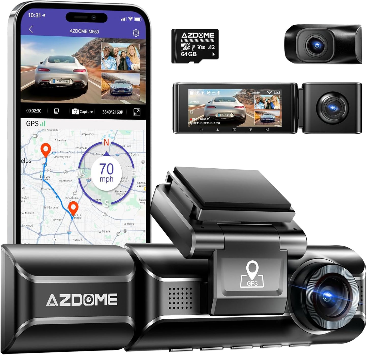 AZDOME M550 3 Channel Dash Cam with 4K and 2.5K Recording