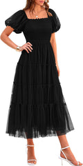 Women's Smocked Midi Tulle Dress - Puffy Sleeve Tiered Summer
