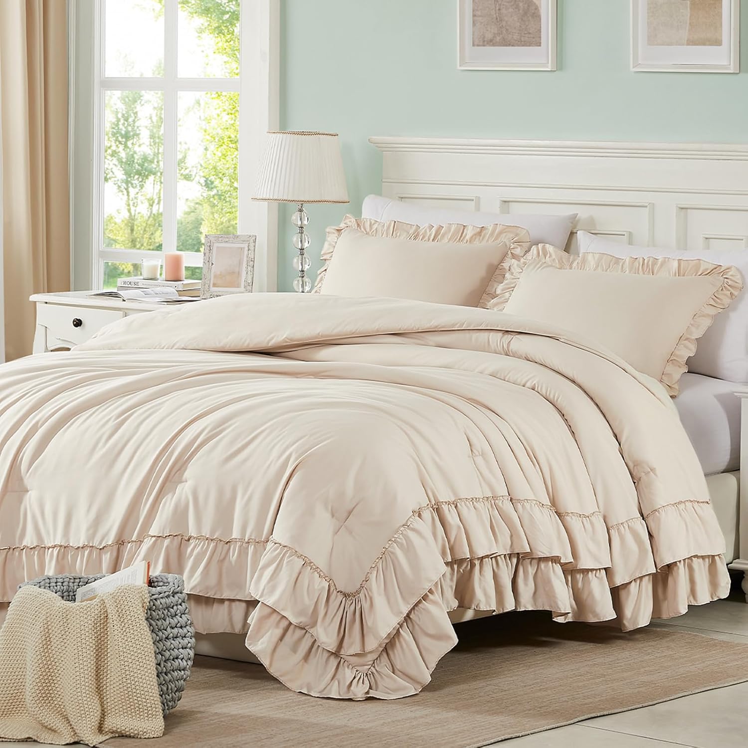 Cupocupa Beige Comforter Set for Twin XL with Ruffle Trim