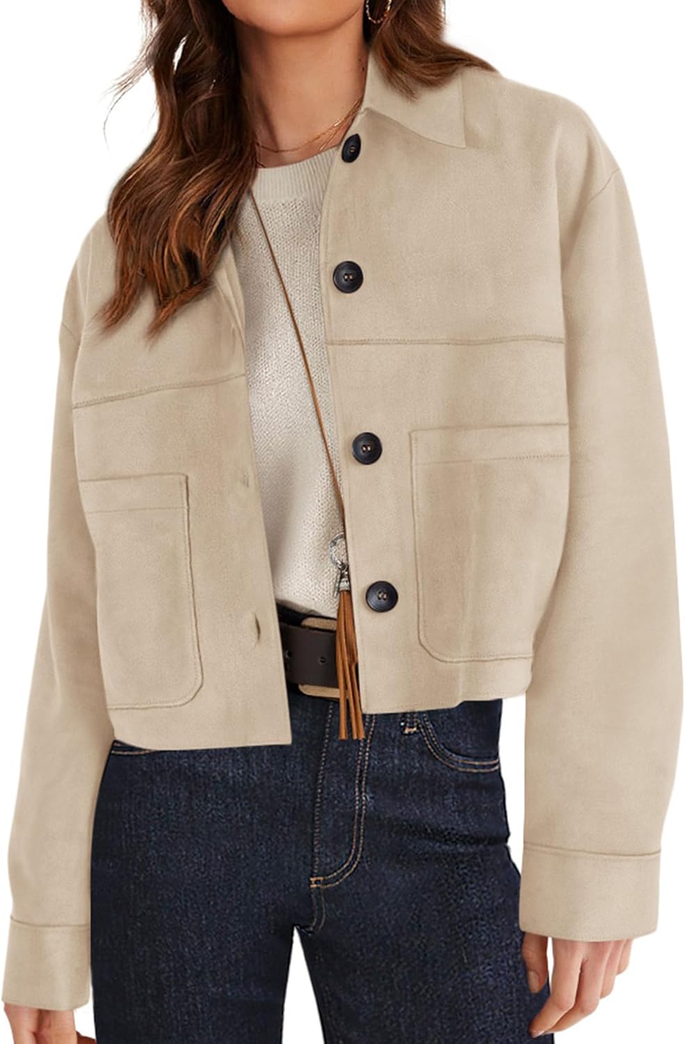 PRETTYGARDEN Women's Faux Suede Cropped Jacket for Fall Fashion