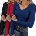 Ekouaer Womens V Neck Ribbed Long Sleeve Tops - 3 Pack Basics