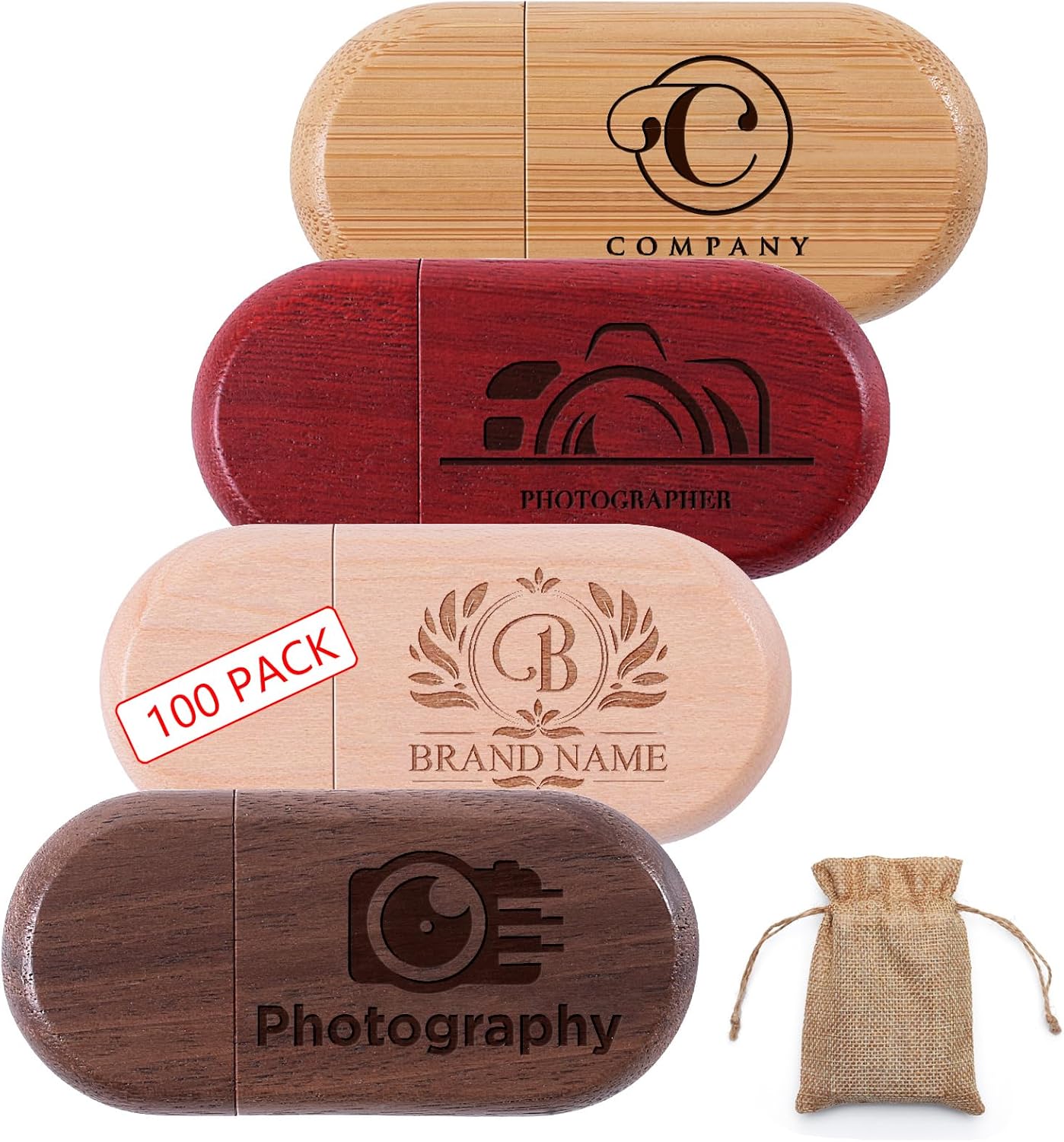 Custom Wood USB Flash Drive 4GB with Exquisite Linen Bag