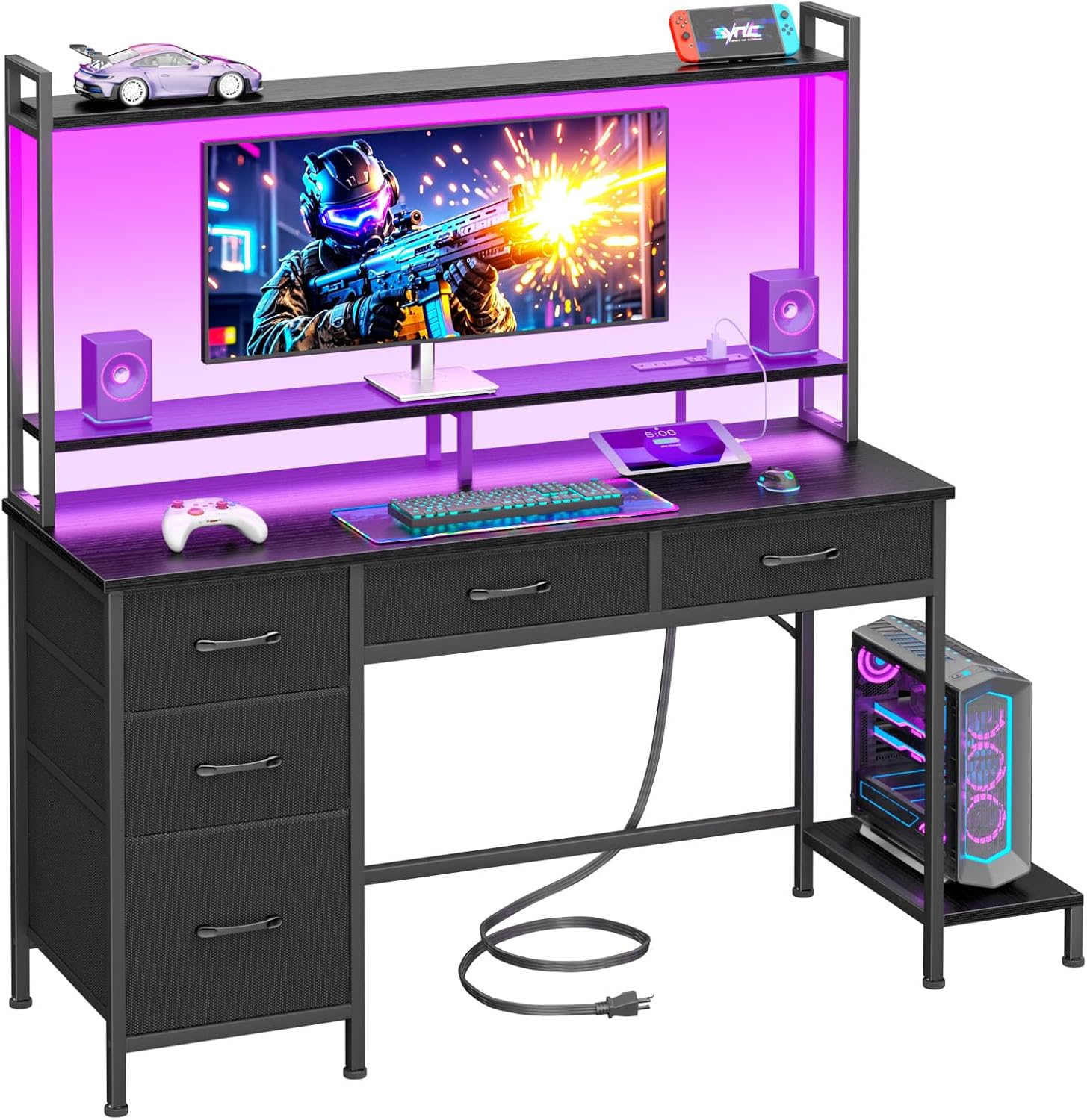 Computer Gaming Desk with Hutch and LED Lights for Home Office