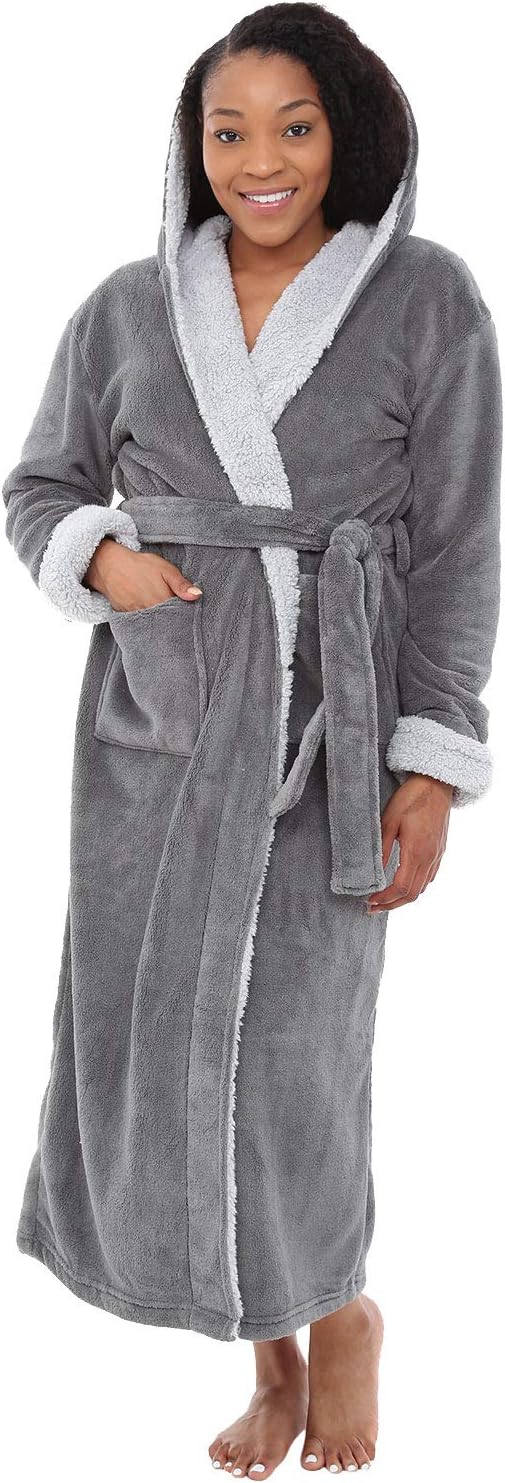 Alexander Del Rossa Women's Long Hooded Sherpa Robe for Comfort