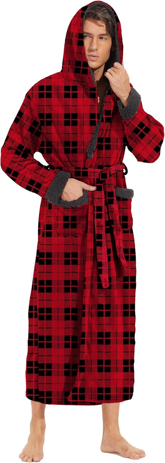 Iniber Mens Hooded Robe: Soft Plush Fleece Bathrobe for Men