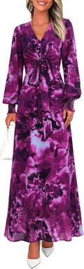 Women's Boho Floral Maxi Dress with Belt - Flowy Long Sleeve