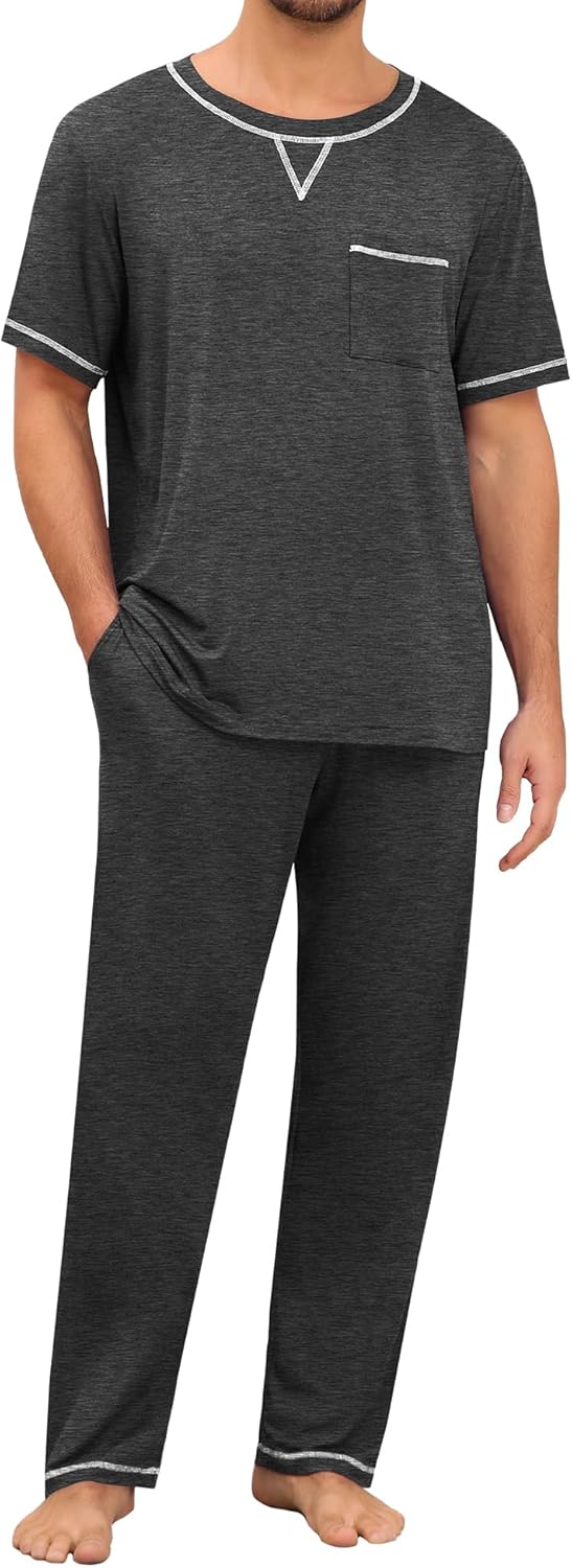 SWOMOG Mens Pajamas Set Modal Short Sleeve Sleepwear for Comfort