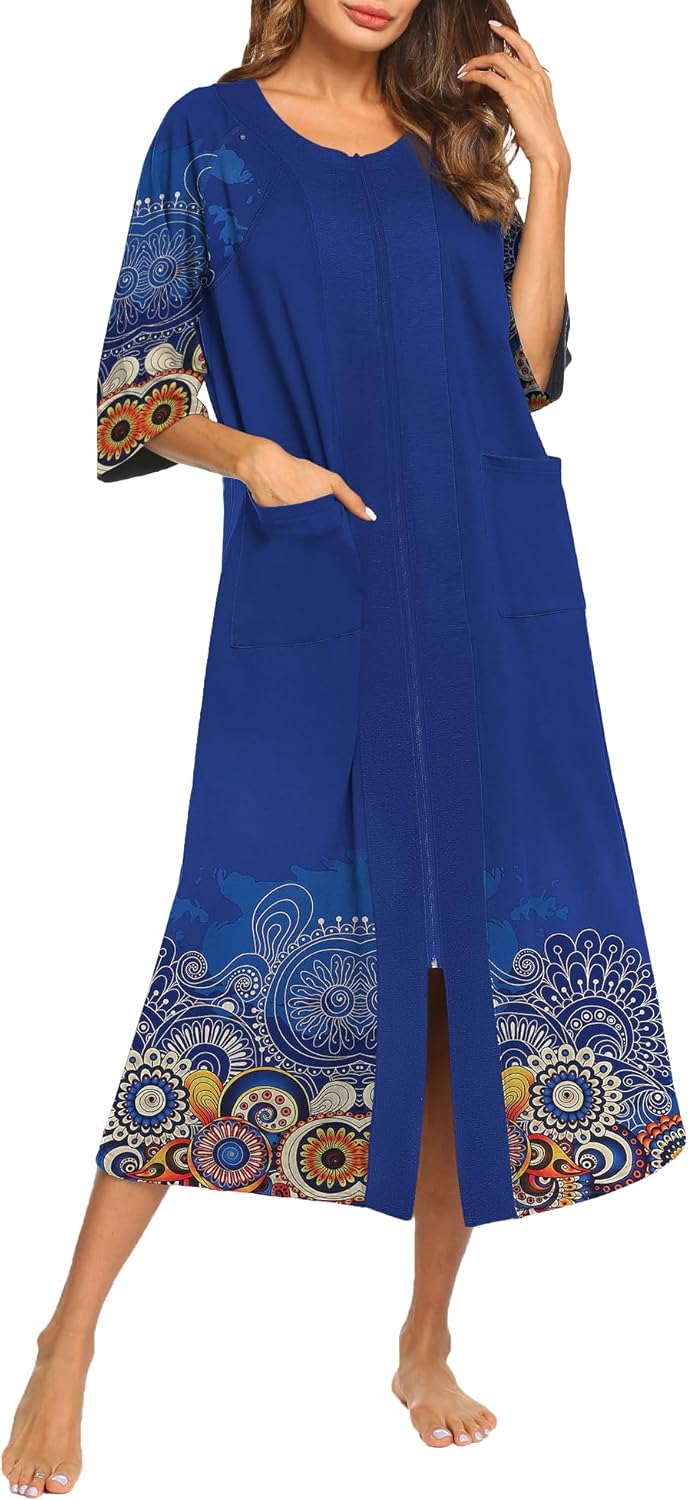 Ekouaer Women's Zipper Robe Full Length House Dress Loungewear
