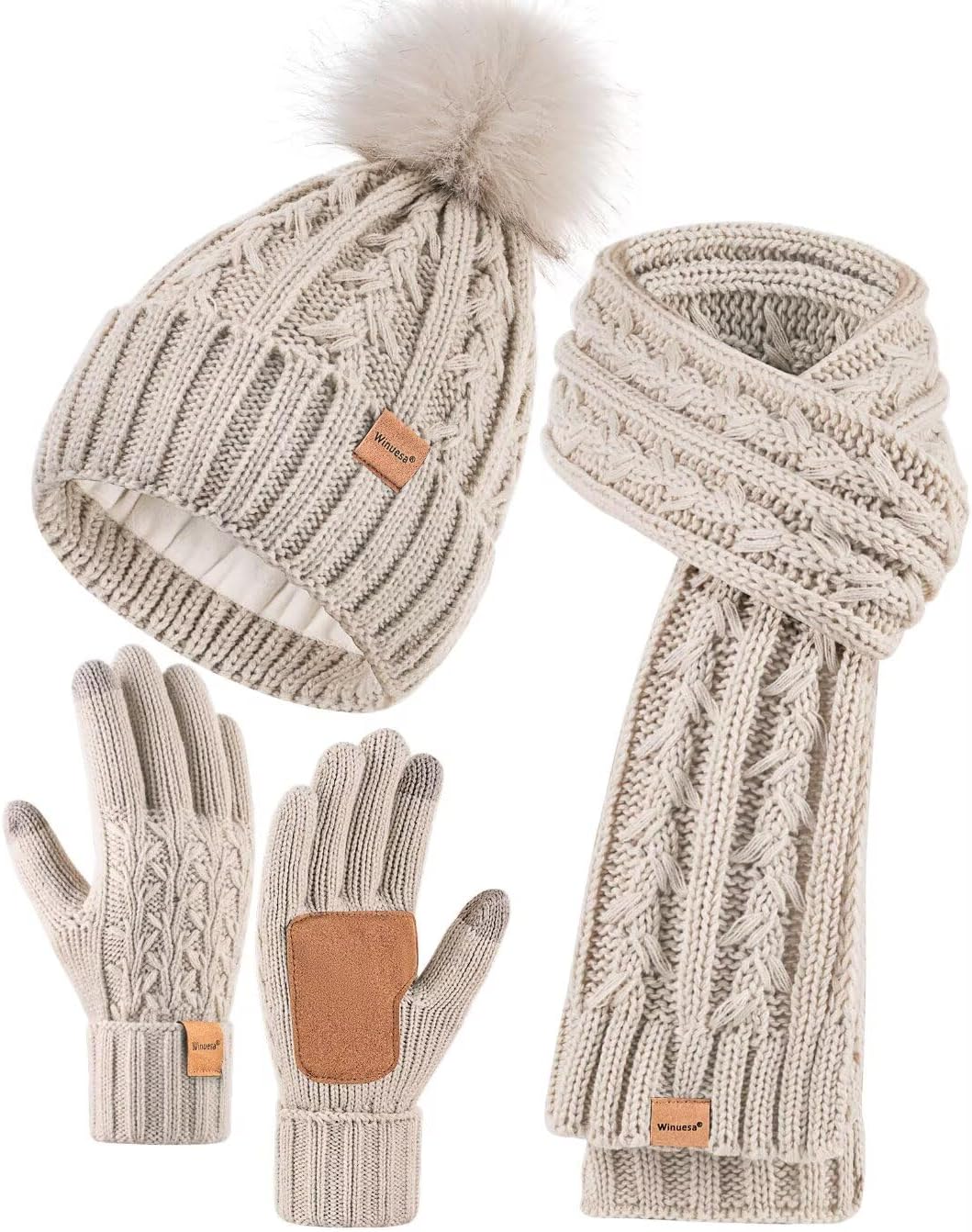Fleece-Lined Winter Set with Pom Pom, Touchscreen Gloves