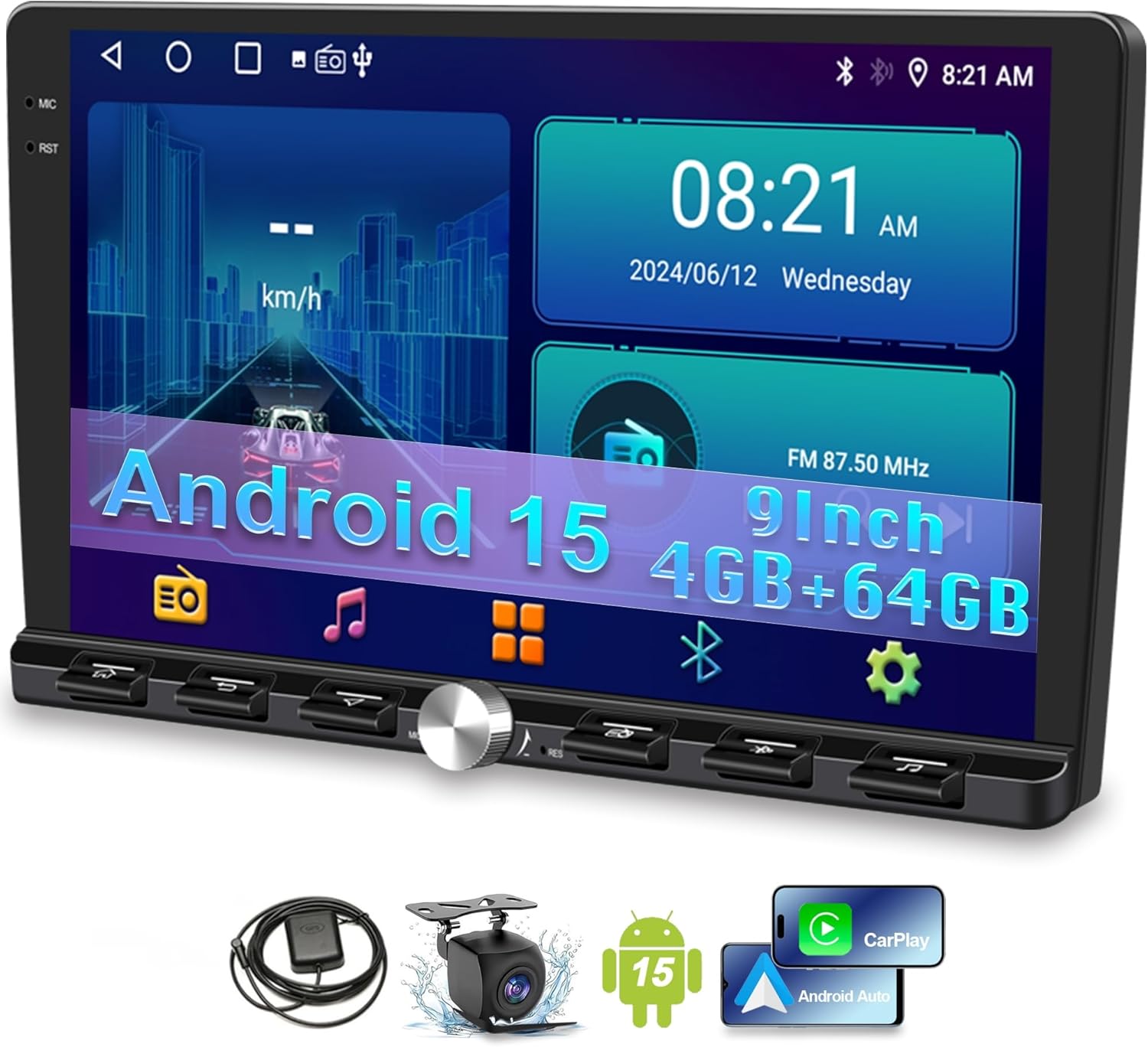 9 Inch Double Din Car Stereo with Android 15 and CarPlay Features