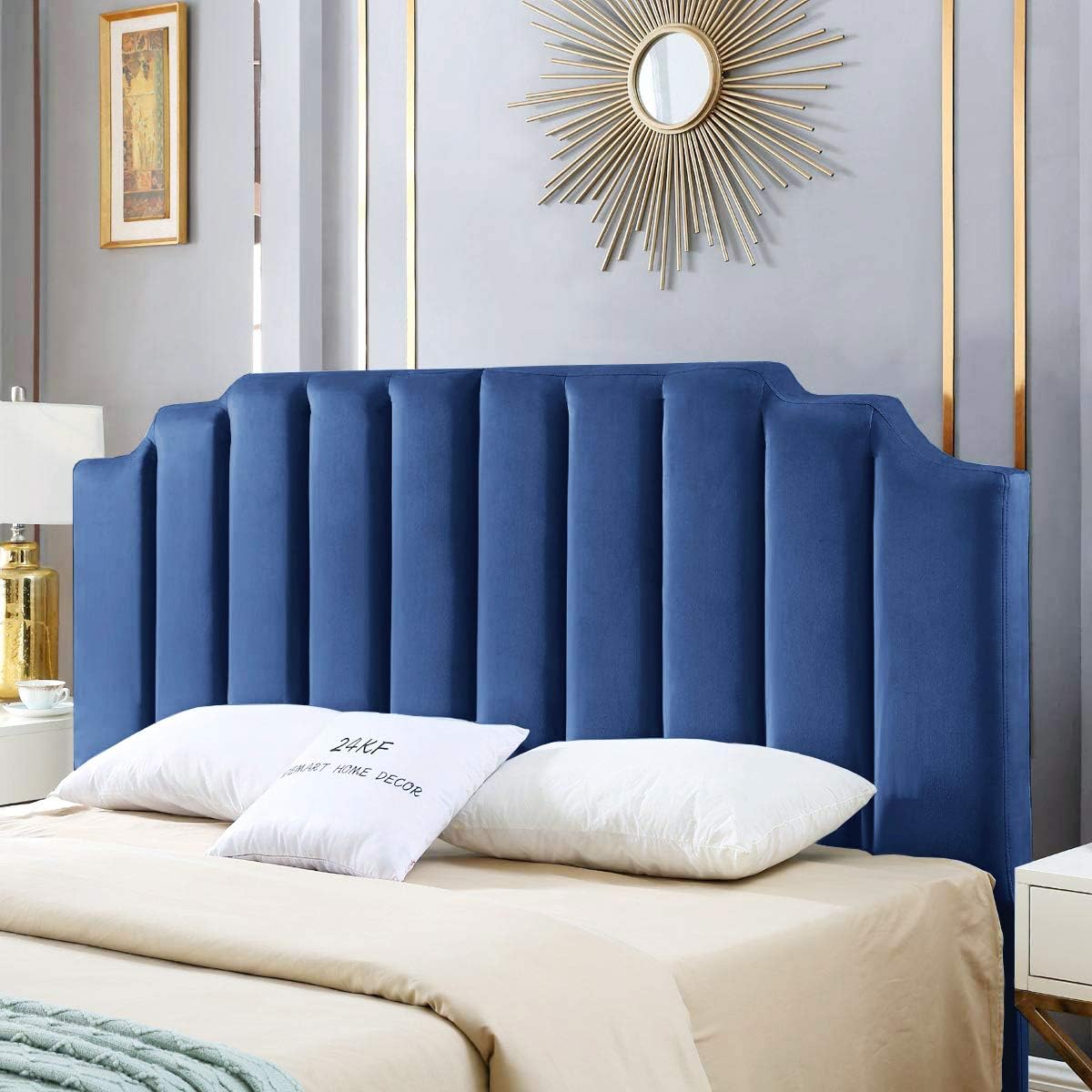 Elegant Navy Blue Velvet Tufted King Upholstered Headboard