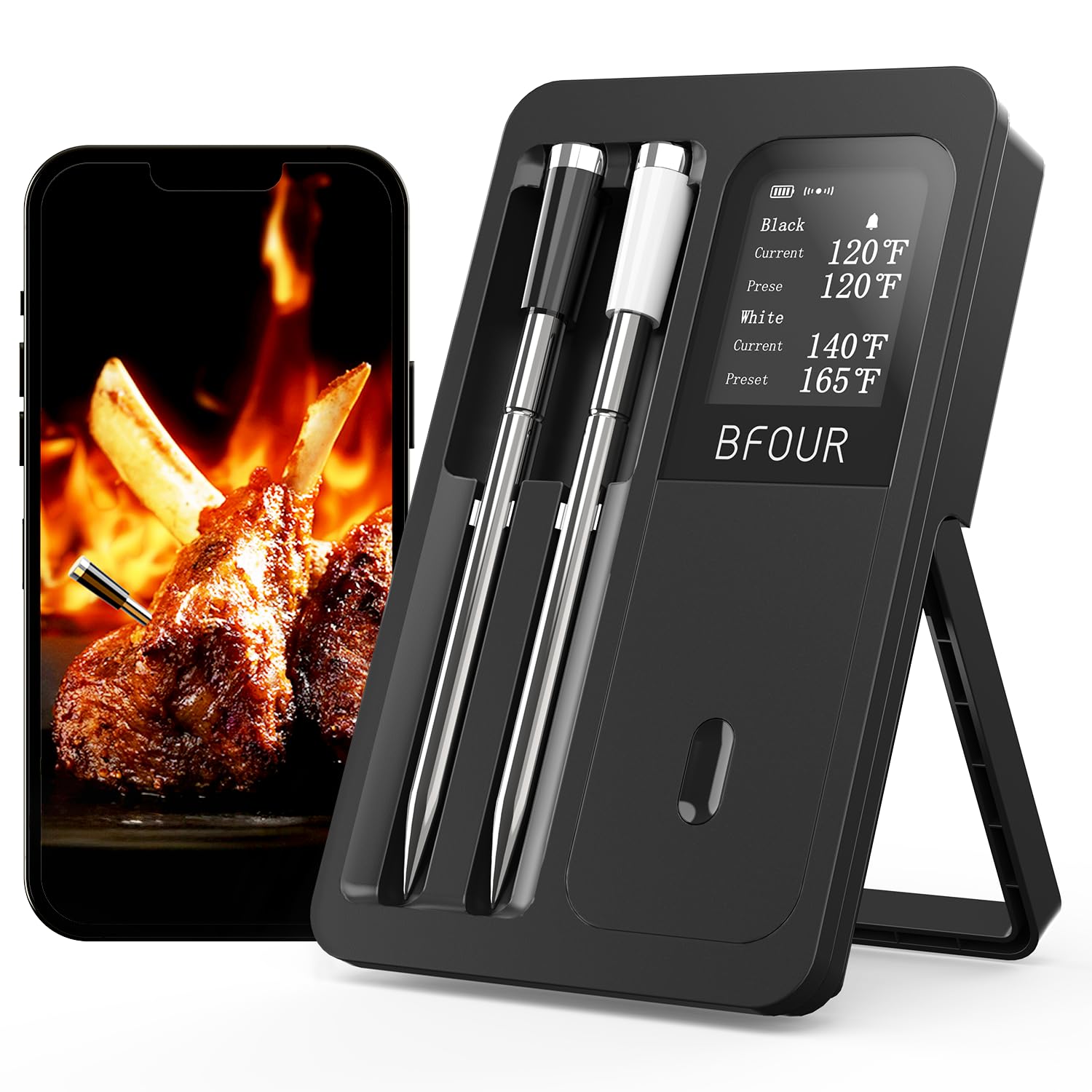 BFOUR Wireless Meat Thermometer - 2 Waterproof Probes, BBQ Grill