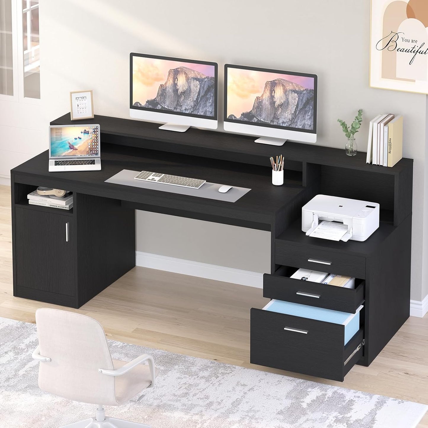 Executive Black Desk with Ample Storage & Monitor Stand