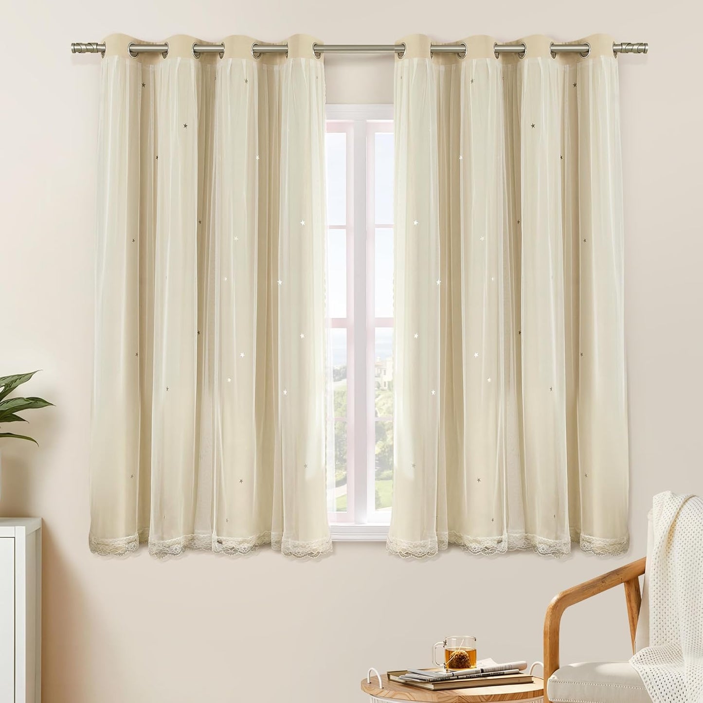 XiDi Beige Curtains with Sheer Overlay for Dreamy Starry Rooms
