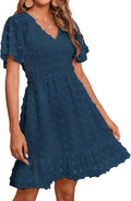 Womens Beach Vacation Dress - Smocked V Neck Short Sleeve Mini