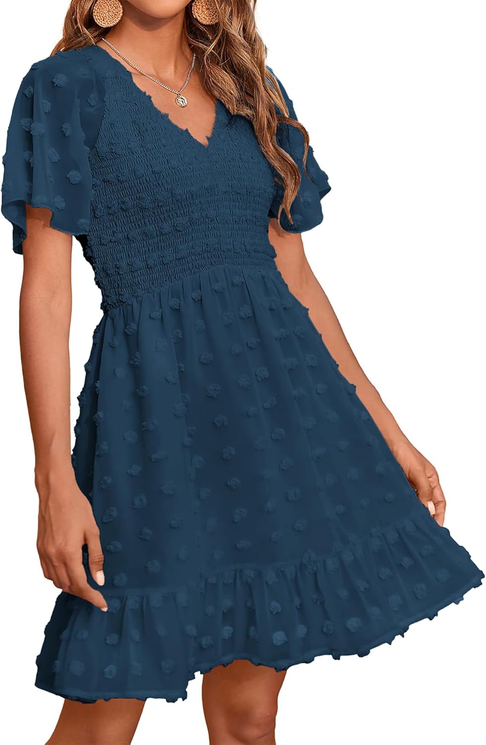 Womens Beach Vacation Dress V Neck Short Sleeve Smocked Mini