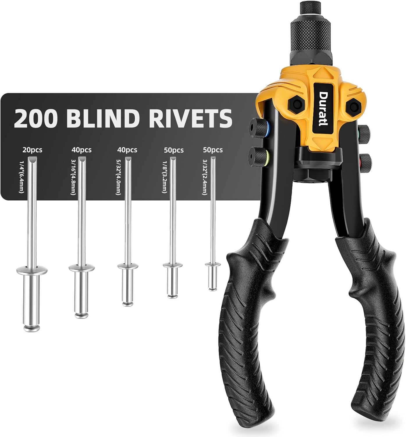 Duratl 1/4 Pop Rivet Gun Kit with 200 Blind Rivets and Heads