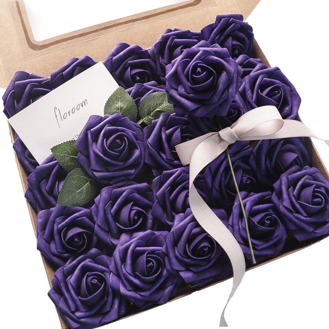 Real Looking Dark Purple Foam Fake Roses for DIY Floral Arrangements