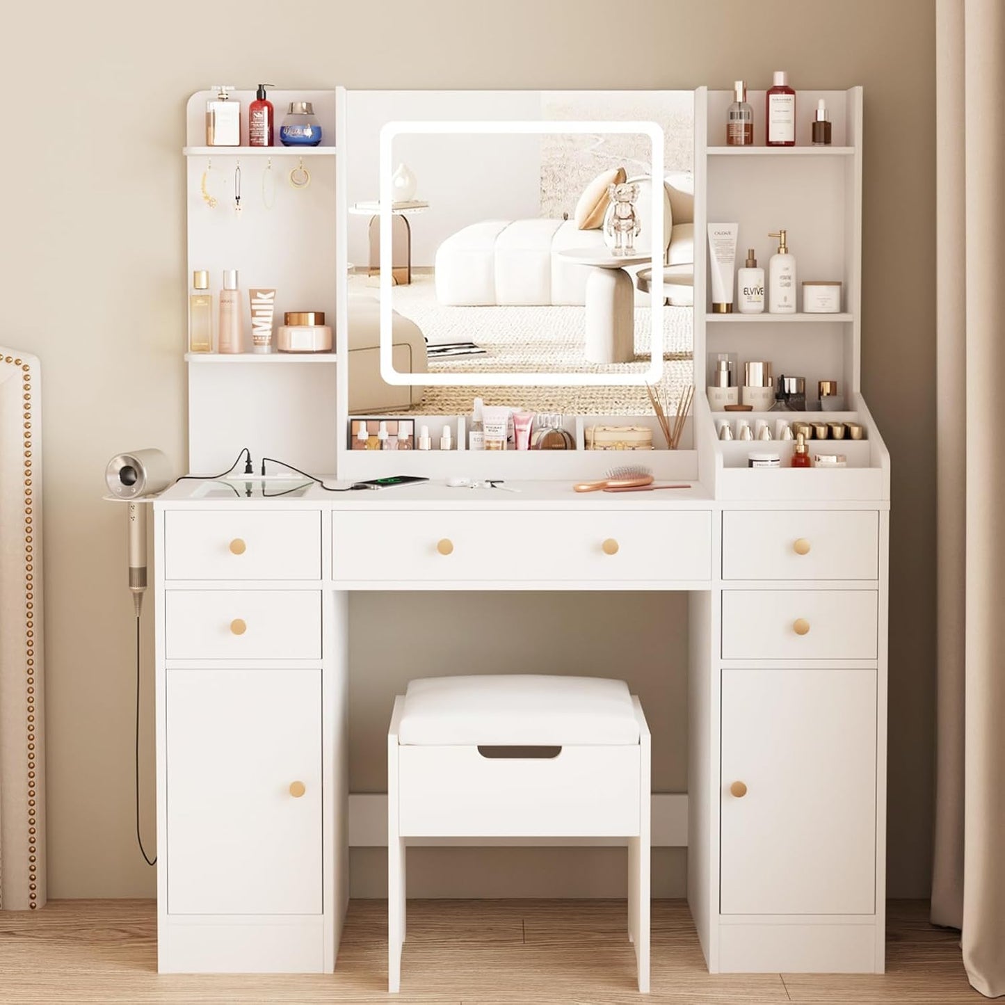 Vabches White Vanity Desk with Lights - Organize in Style!