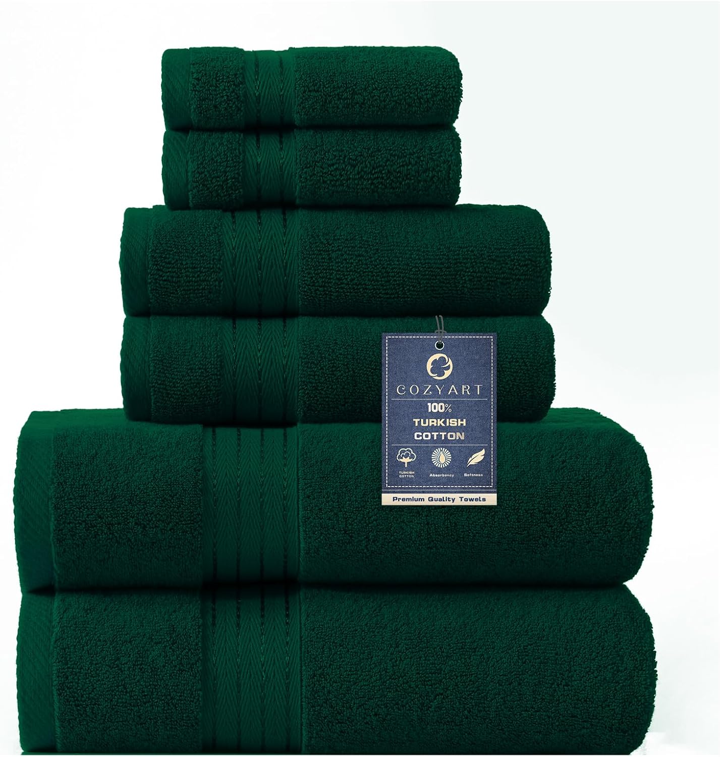Turkish Cotton Dark Green Bath Towel Set 6Pcs for Luxury