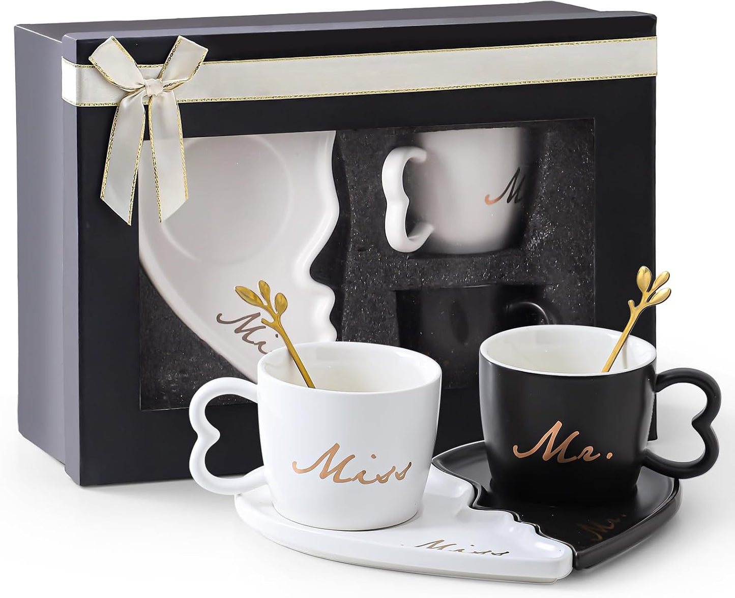 Golden Spoon Couple Mugs Set | Heart Shape | Ceramic Saucer | Gift Box