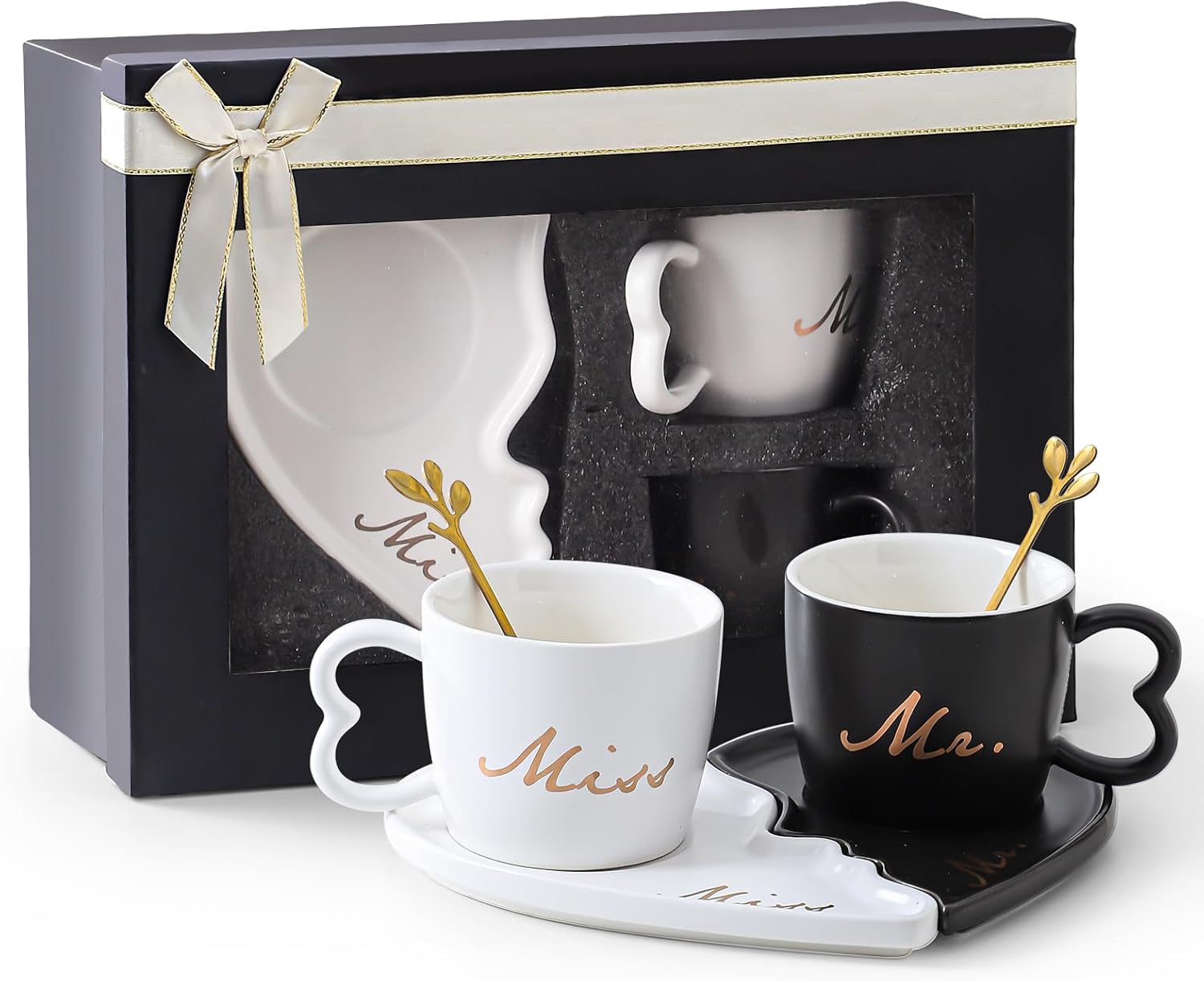 Golden Spoon Couple Mugs Set | Heart Shape | Ceramic Saucer | Gift Box