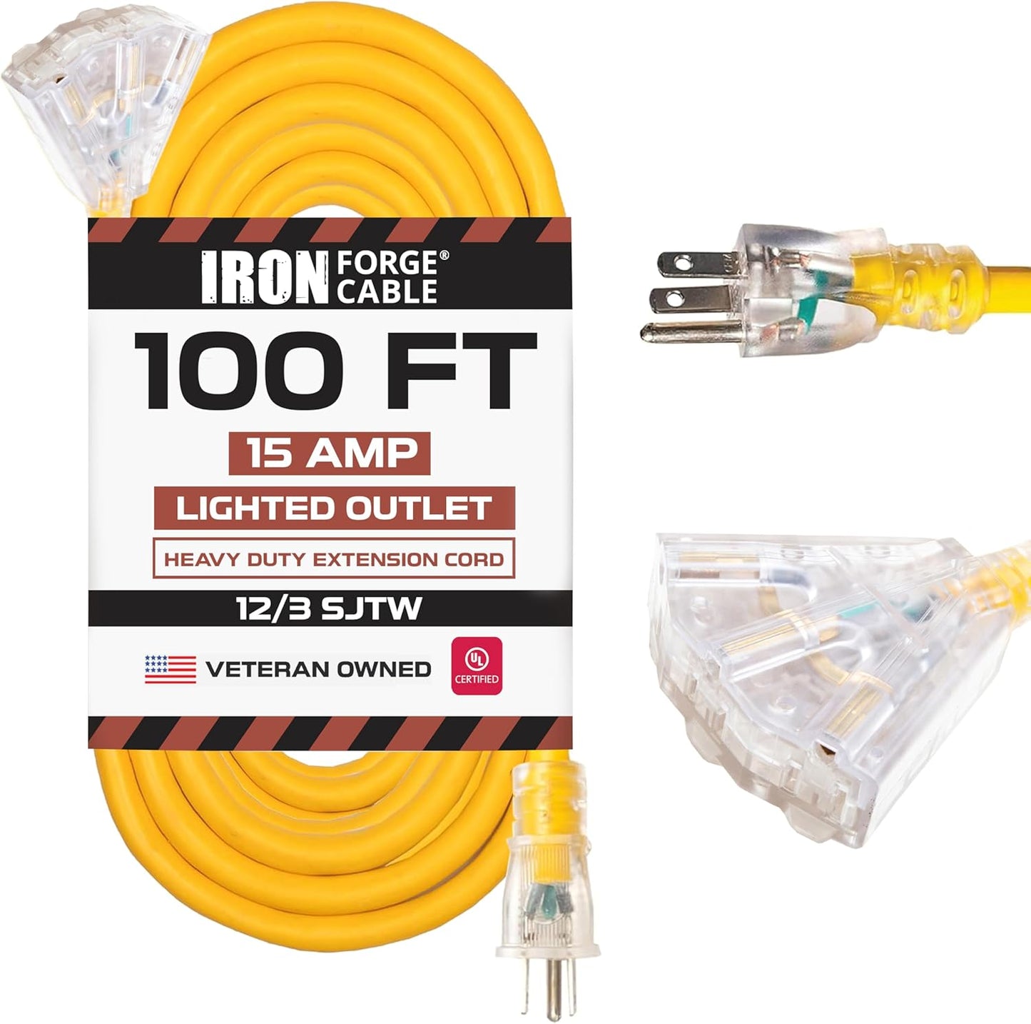 100ft Outdoor Extension Cord with 3 Outlets for Safety Use