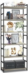 6 Tier Grey Bookcase Shelf - Tall Modern Bookshelf for Home