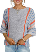 Crewneck 3/4 Sleeve Striped Lightweight Knit Pullover - Casual Boho
