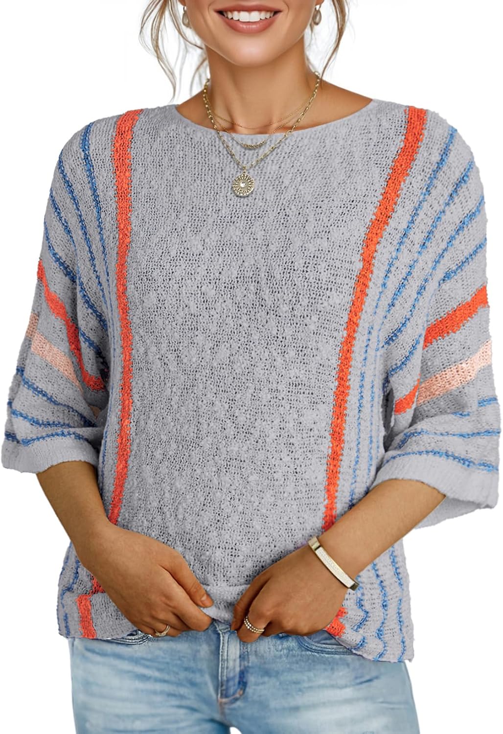 Dokotoo Womens Casual Crewneck Striped Lightweight Knit Tops