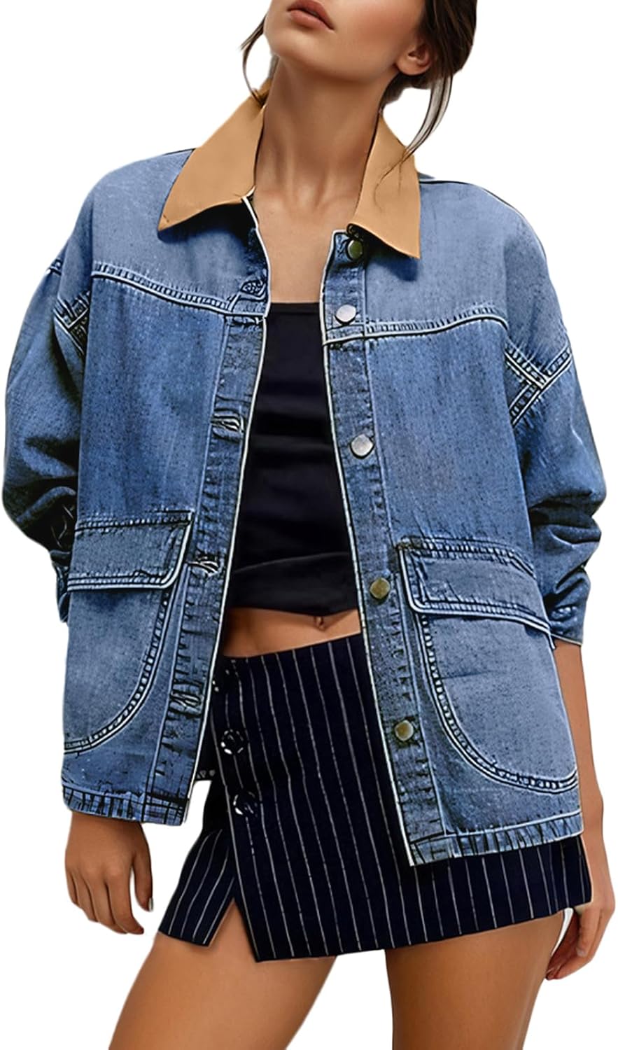 Trendy Color Block Denim Jacket for Women - Oversized Shacket