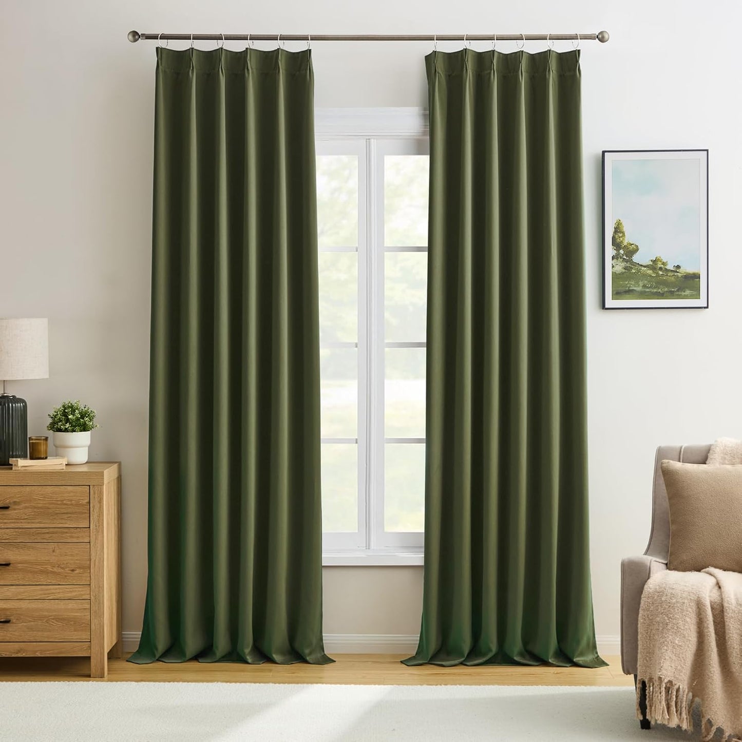 KEQIAOSUOCAI Olive Pinch Pleated Curtains for Light Blocking