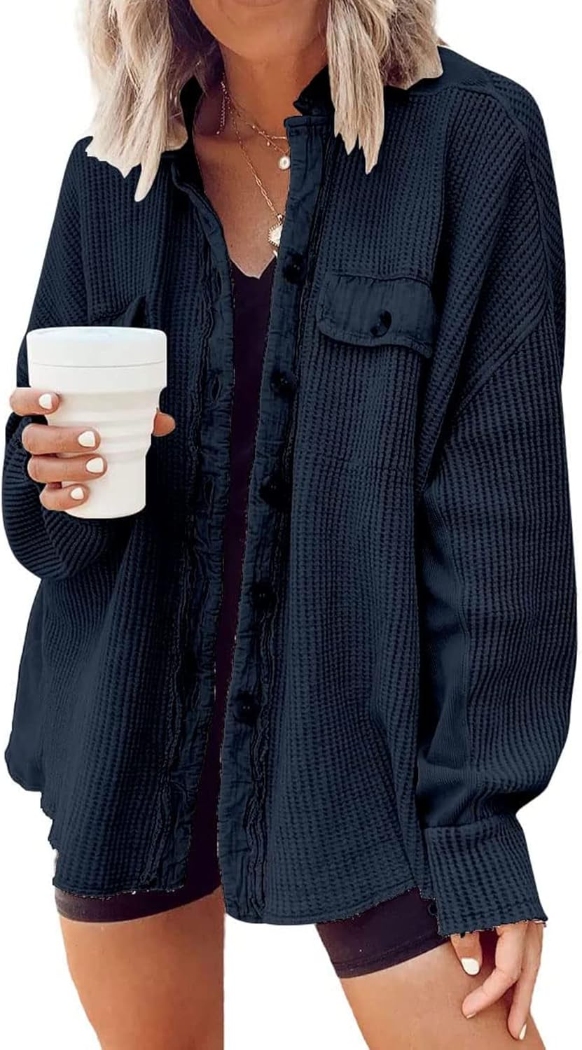 Oversized Waffle Knit Shirt for Women - Trendy Fall Shacket