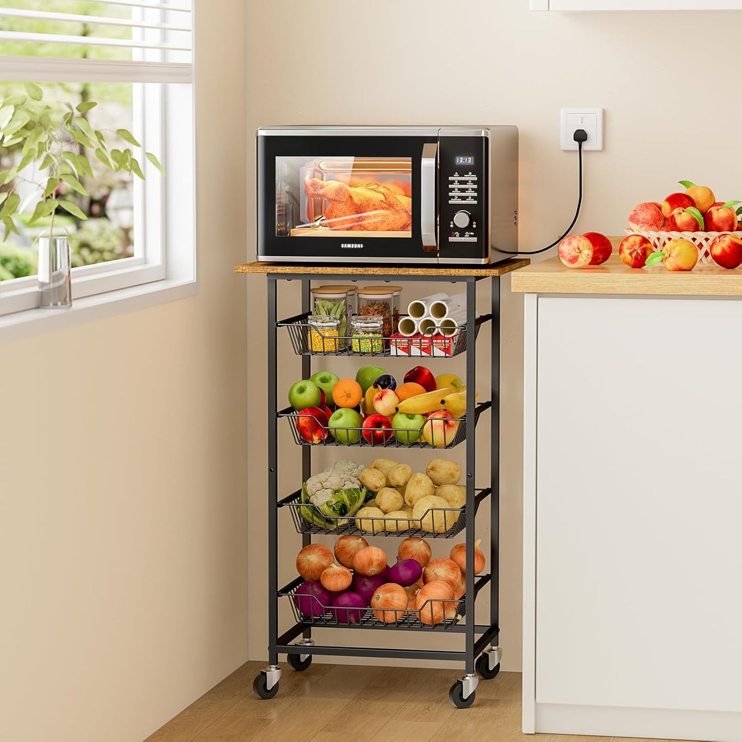 5 Tier Microwave Cart with Fruit Baskets - Organize with Style!
