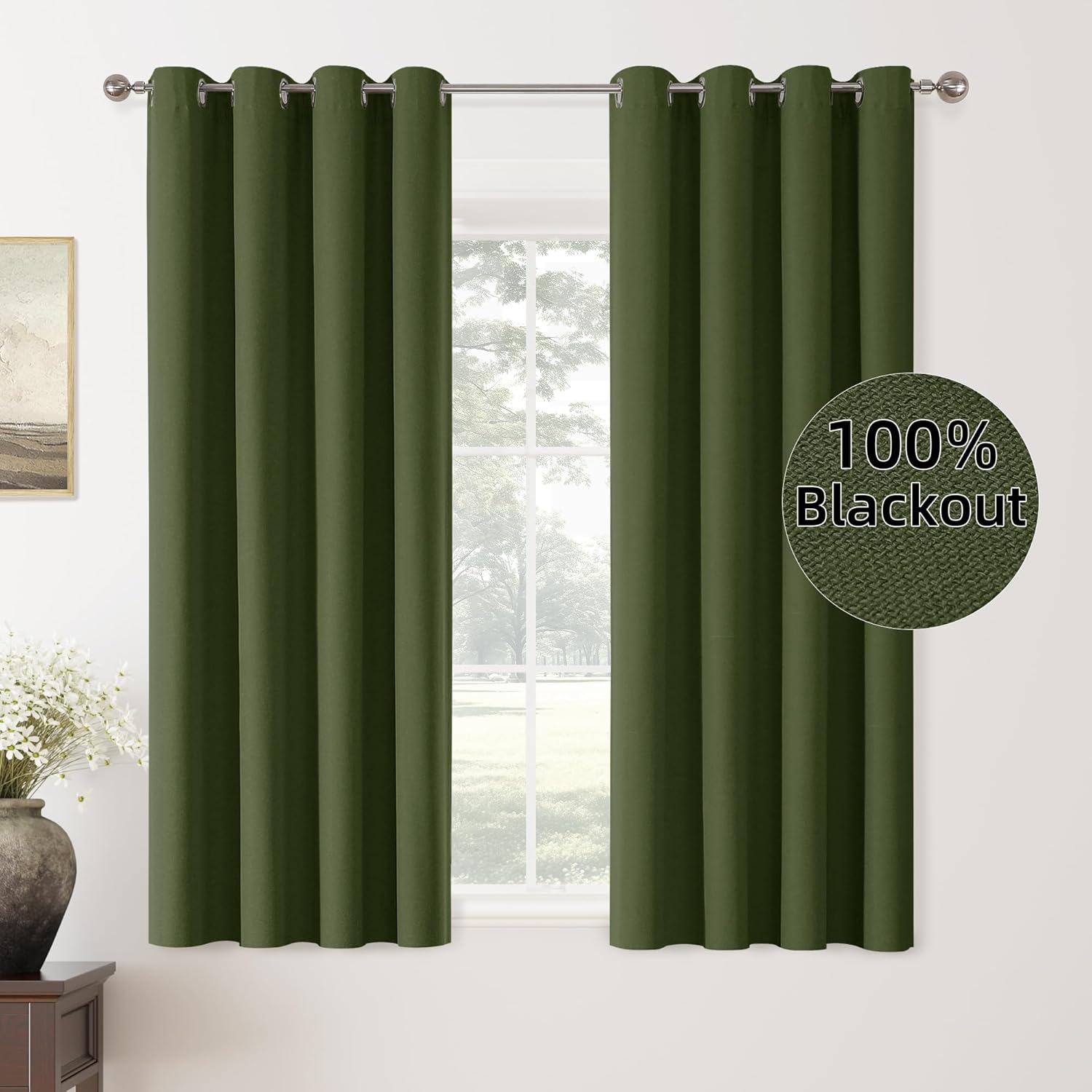 100% Blackout Olive Green Solid Curtains for Home Decor