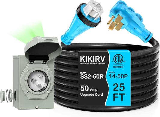 25 Feet 50 Amp Generator Cord and Power Inlet Box Combo Kit