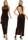 Capuffy Women Backless Velvet Maxi Dress - High Neck Ruched Slit