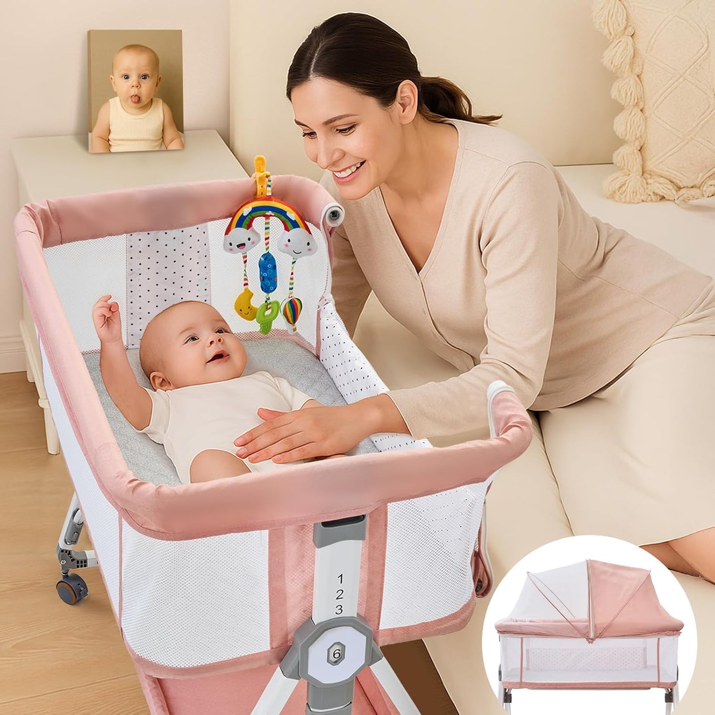 4-in-1 Baby Bassinet with Adjustable Height and Soft Mattress