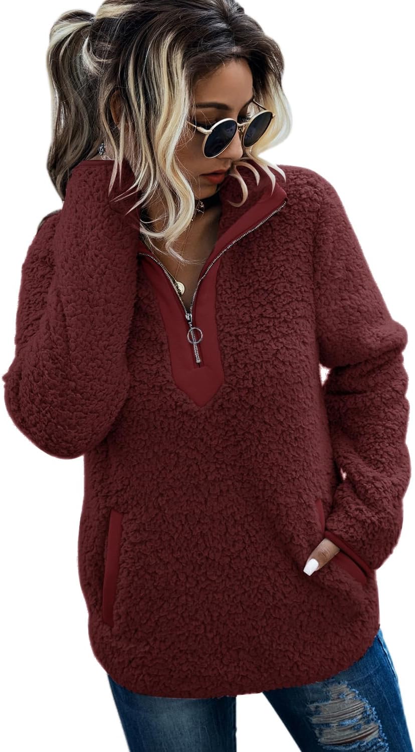AQOTHES Womens Loose Casual Zipper Sherpa Fleece Pullover