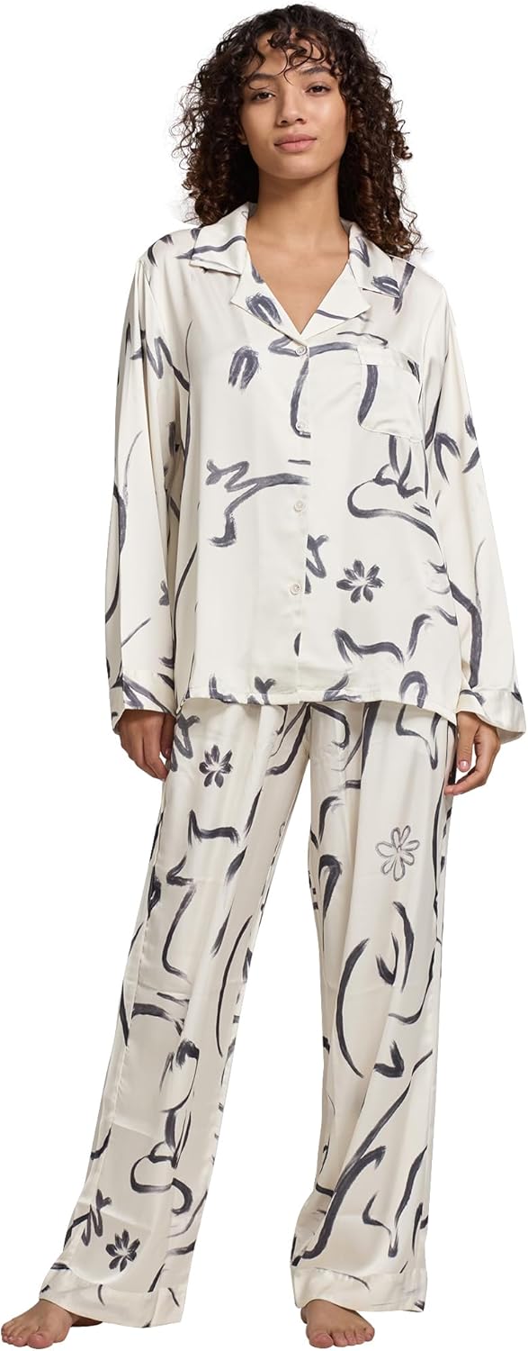 Womens Silk Satin Pajamas Set Button Down 2 Piece Pjs Long Sleeve