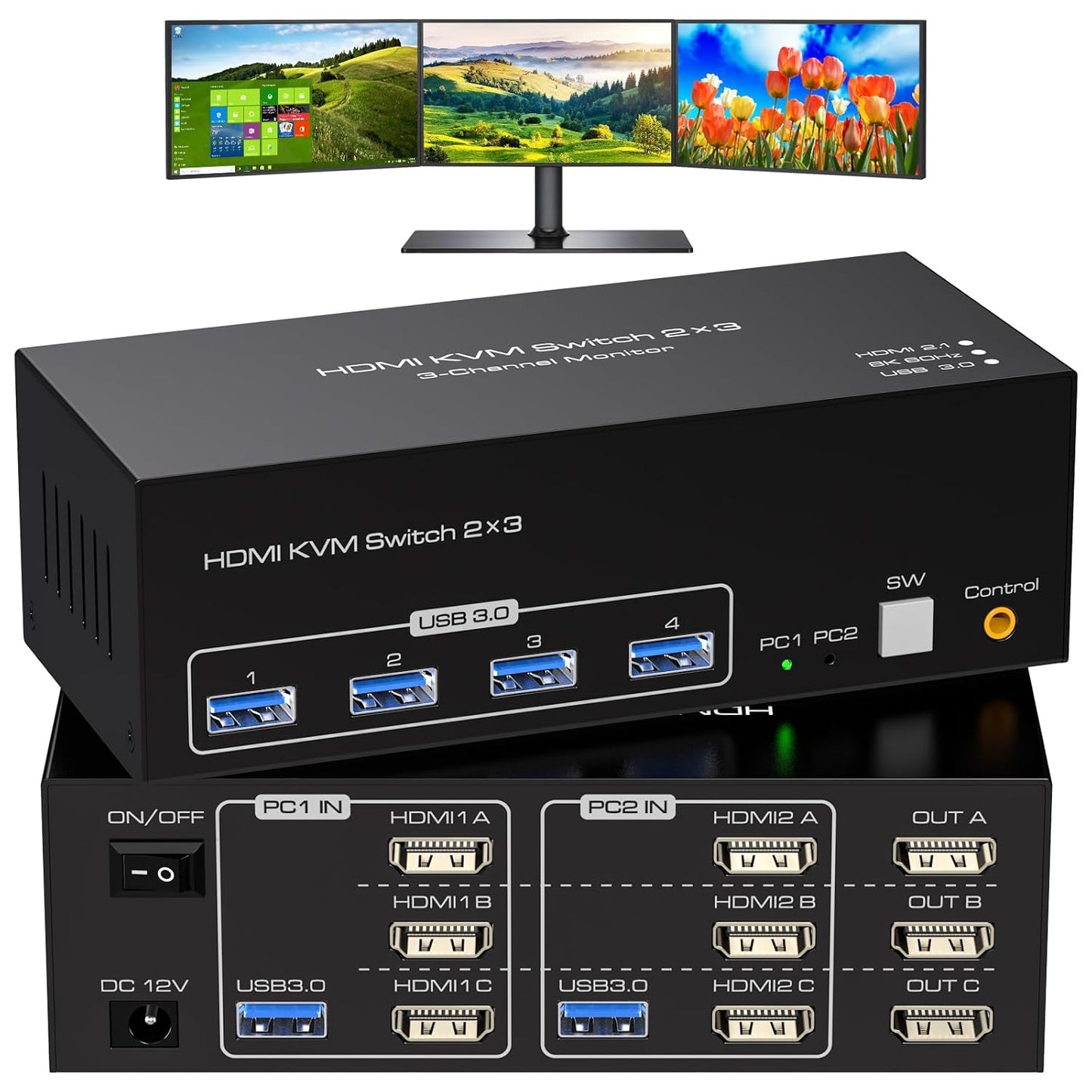 8K 60Hz HDMI KVM Switch for 3 Monitors and 2 Computers