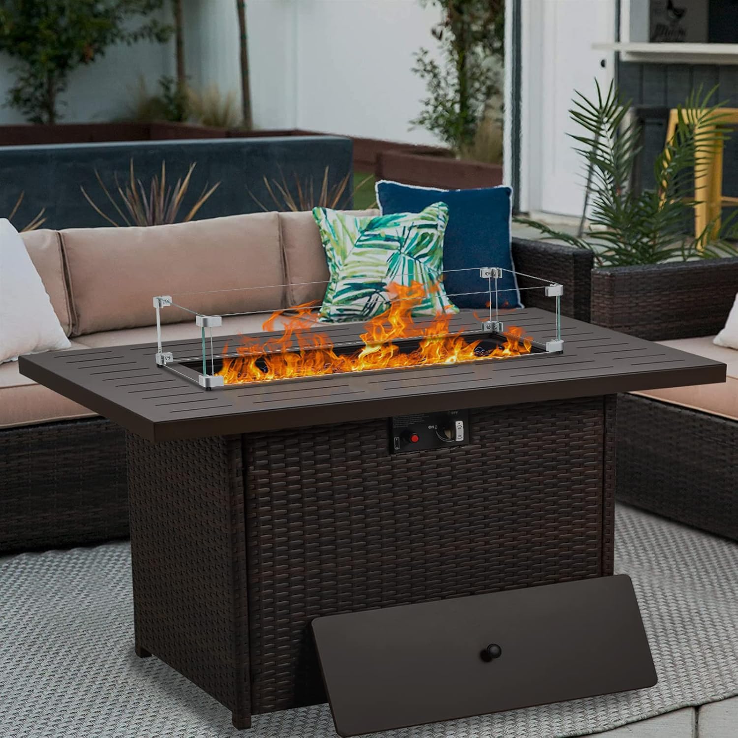 44 Inch Propane Fire Pit Table with Glass Wind Guard for Outdoors