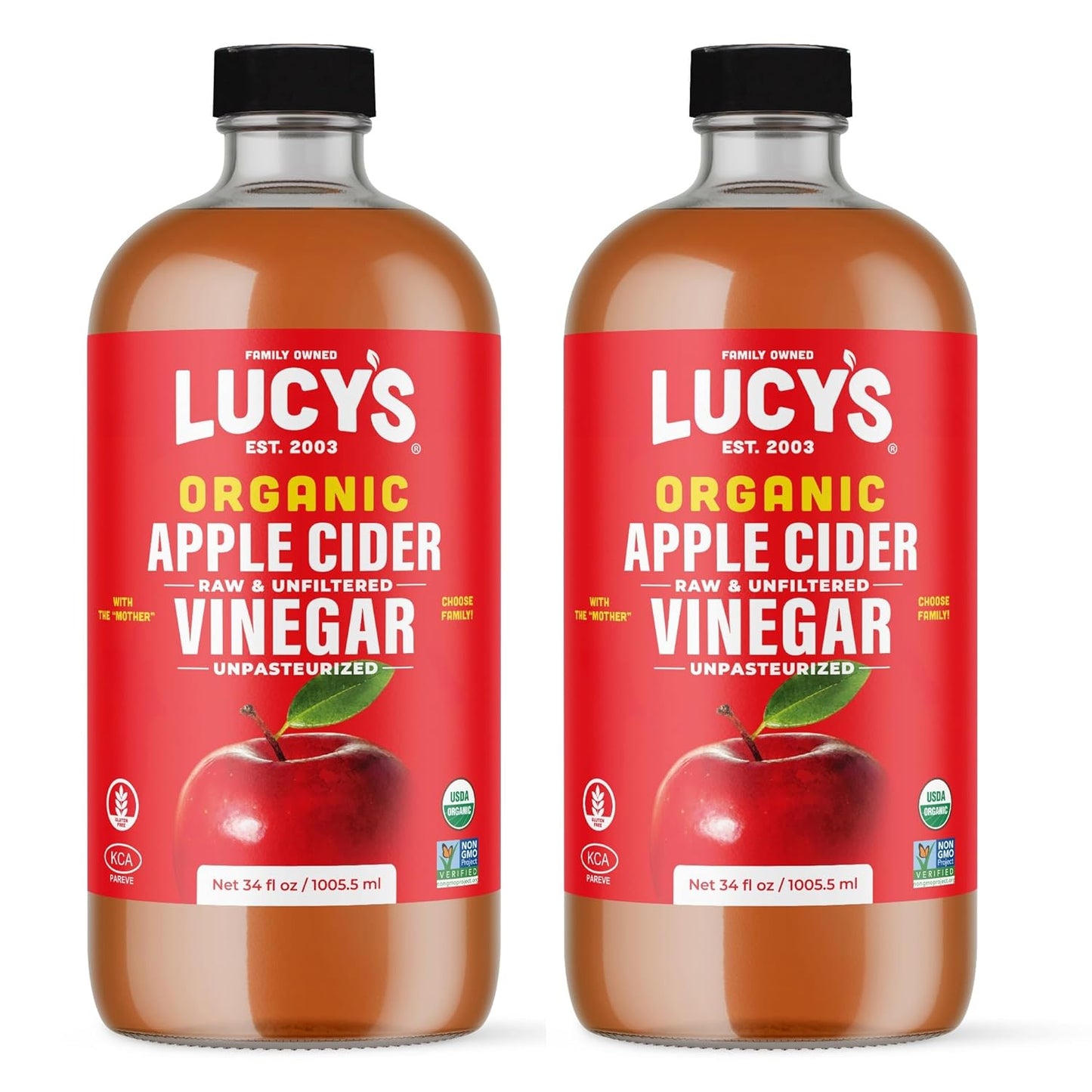 Lucy's Organic ACV 34oz. GLASS BOTTLE (2 PACK) With the Mother