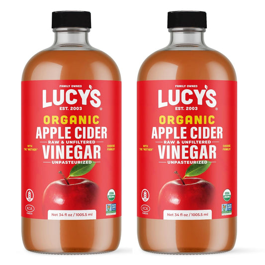 Lucy's Organic ACV 34oz. GLASS BOTTLE (2 PACK) With the Mother