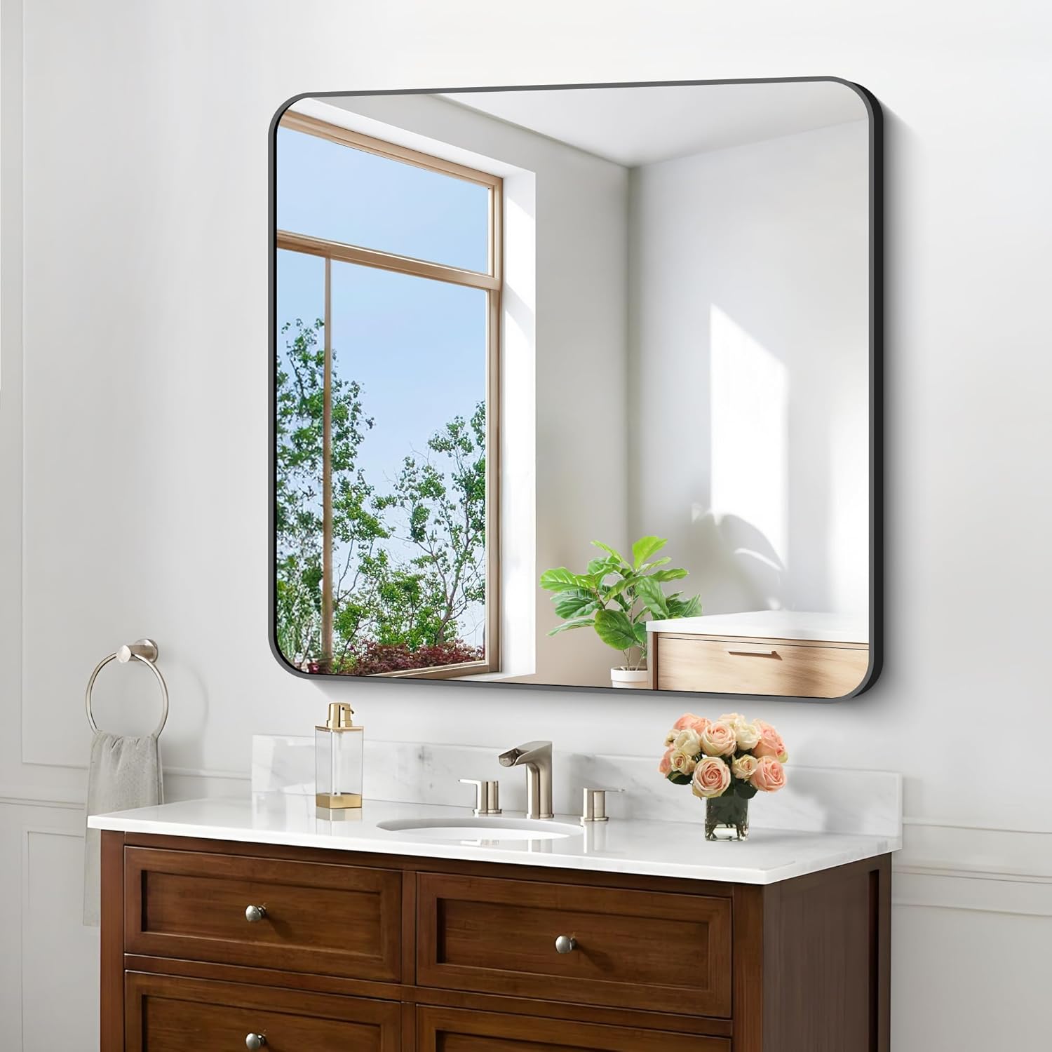 Black Bathroom Mirrors for Wall with Rounded Corner Design
