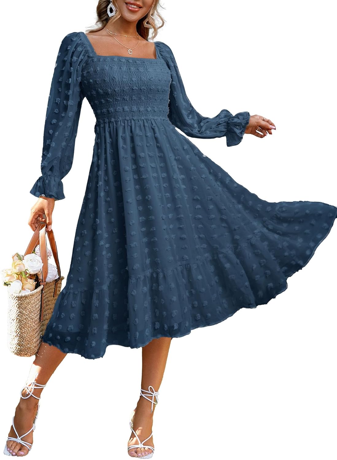 Amegoya Women's Boho Flowy Long Sleeve Square Neck Midi Dress