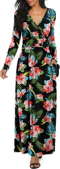 Women Long Sleeve Deep V Neck Loose Maxi Casual Dress